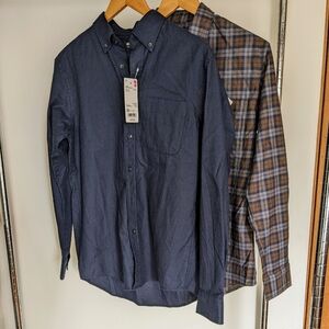 [UNIQLO] Lot of 2 NWT! Navy Blue & Brown Blue Plaid Flannel Long Sleeve Shirt XS